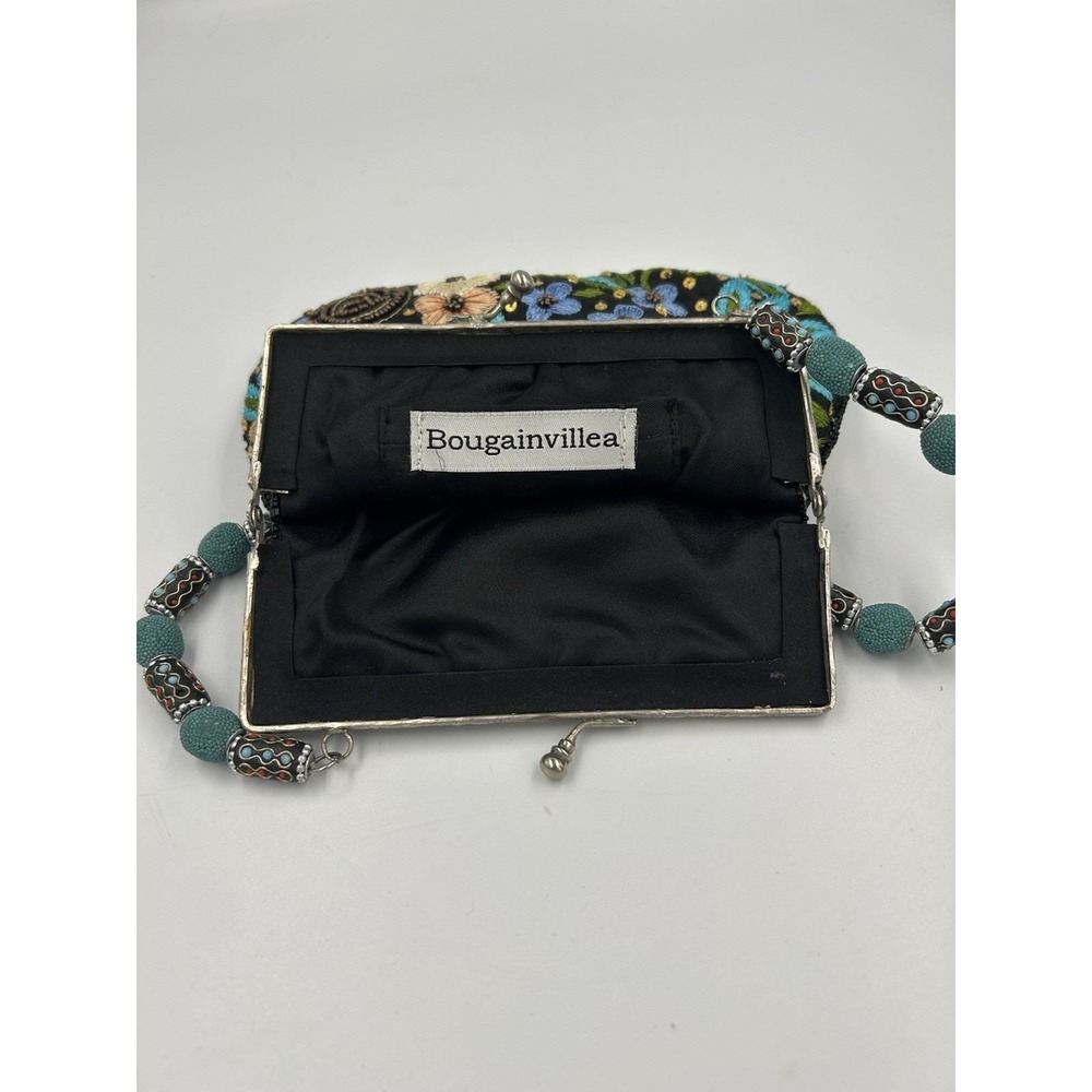 Bougainvillea Floral Beaded Embroidered Sequin Kiss Lock Clutch Strap Lined - Picture 6 of 10